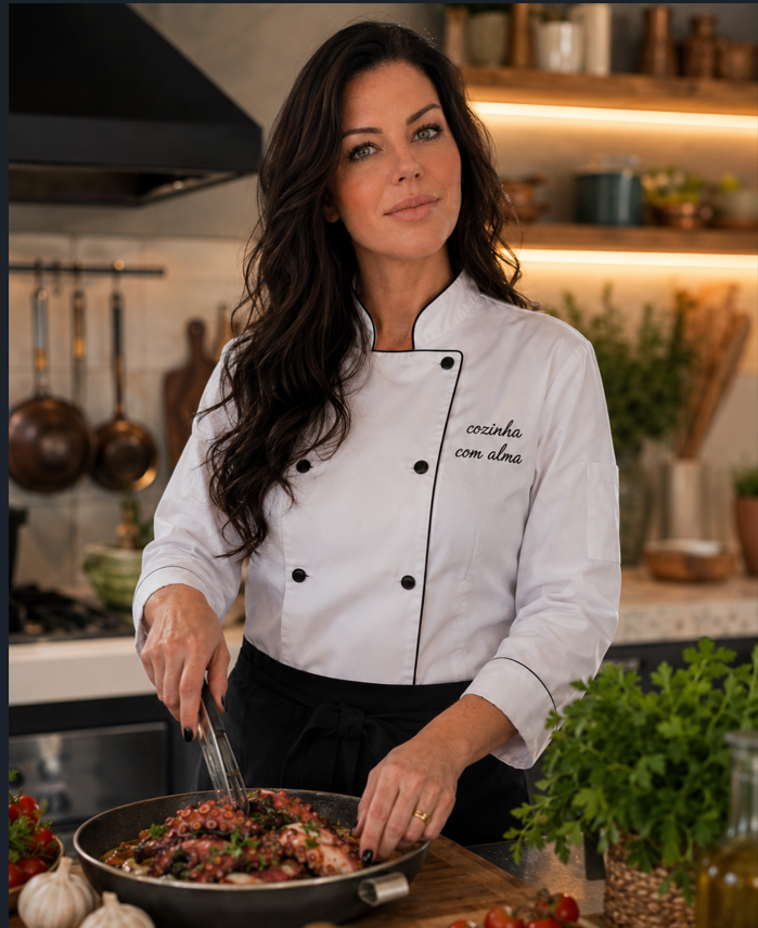 Chef Flávia Martino preparando um polvo na cozinha