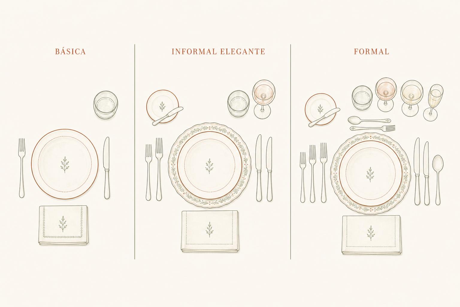 Comparação visual de três montagens de mesa: básica, informal elegante e formal.